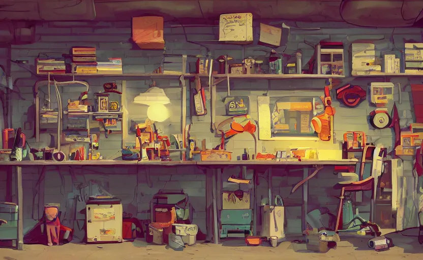 Image similar to village detective in his garage office, workshop, james gilleard, print, game art