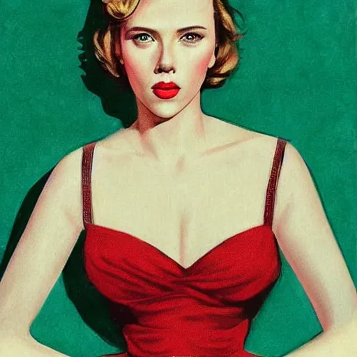 Image similar to “Scarlett Johansson portrait, color vintage magazine illustration 1950”