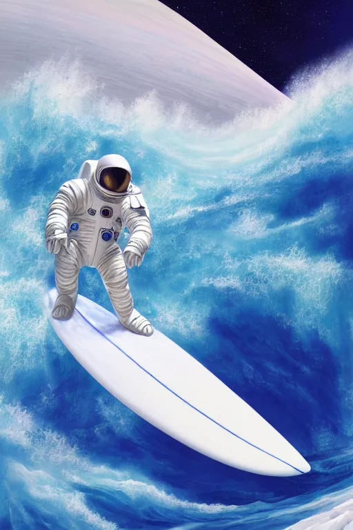 Image similar to a beautiful digital painting of an astronaut in a white and royal blue luxurious space suit surfing the great wave on a mecha surfboard at Pamukkale, thermal waters flowing down white travertine terraces by greg rutkowski, photorealistic, trending on artstation, highly detailed, intricate, unreal engine, octane render