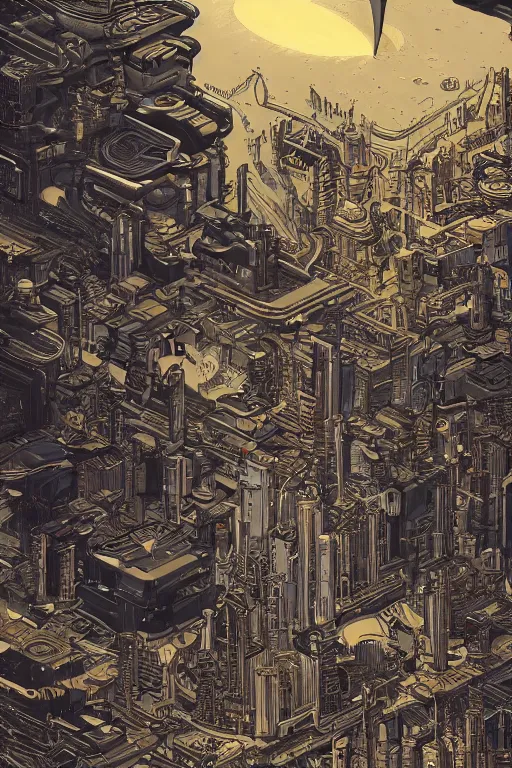 Prompt: gold and silver tones, cybernetic village on the outskirts of the universe, style of moebius, james jean, mcbess, cinematic, highly detailed, award winning, 8 k photorealistic