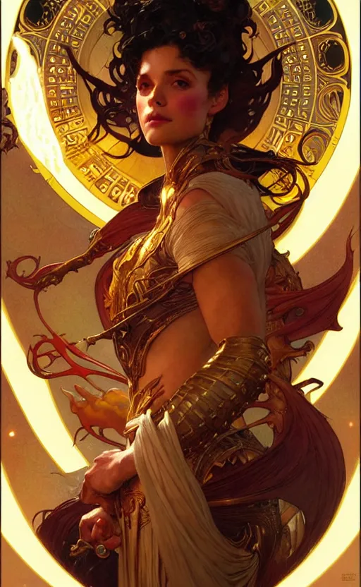 Image similar to magic gold dragon gorgeous lighting by weta studio, mucha, bautista and norman rockwell and greg rutkowski and tom bagshaw and james gurney and lucasfilm