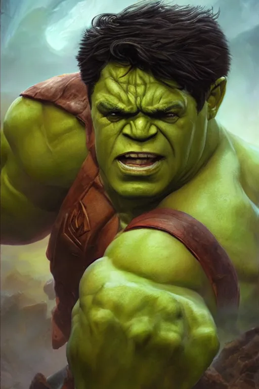Image similar to a full body high detail fantasy portrait oil painting illustration of hulk by justin sweet with face and body clearly visible, in a scenic background, pretty eyes, realistic proportions, d & d, rpg, forgotten realms, artstation trending, high quality, sombre mood, artstation trending, muted colours, entire person visible!