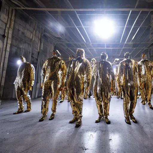 Prompt: photo, a giant massive group of men wearing full body shiny reflective latex suits including pants and shirts and boots and masks, performing an incredibly acrobatic wild dance inside a decaying condemned 1980's mall, a giant massive shiny reflective latex kaiju