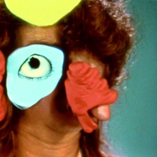 Image similar to woman with prosthetic nose enters an eyeball cult, 1981 children's tv show, color