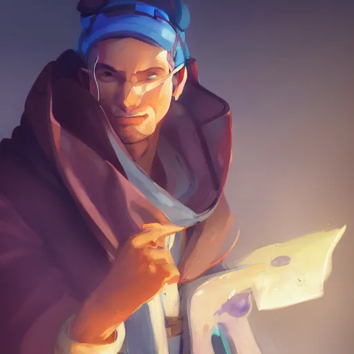 Image similar to a magic mechanic wearing a robe and a scarf. overwatch character, concept art, character design, artstation trending, by rossdraws, wlop, greg rutkowski, greg manchess