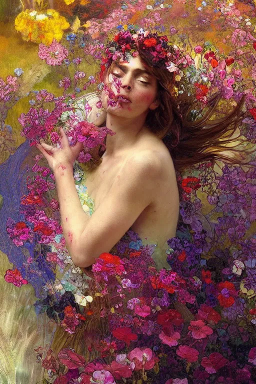 Prompt: a beautifull intricate painting of a disembodied soul surrounded by flowing flower petals, vivid colors, artstation, by jeremy mann, by alphonse mucha,