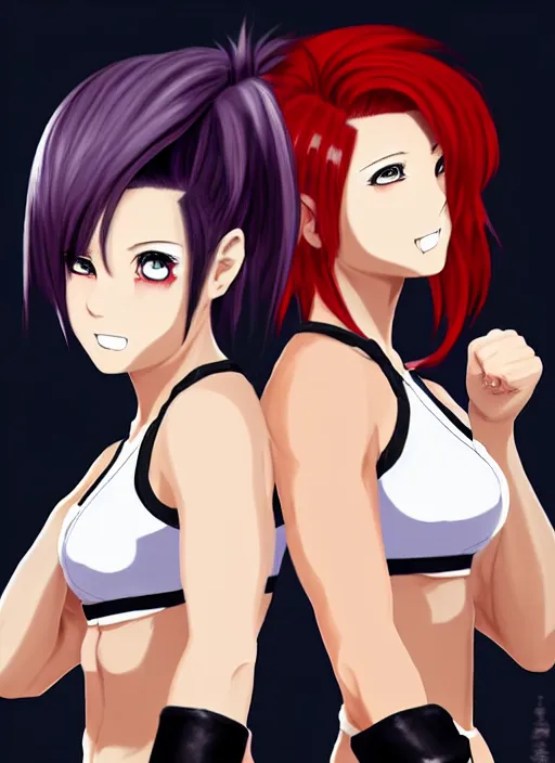 Prompt: two beautiful female fighters with bunned hair taunting each other, white top, dim lighting, gorgeous features, smooth, detailed anime art