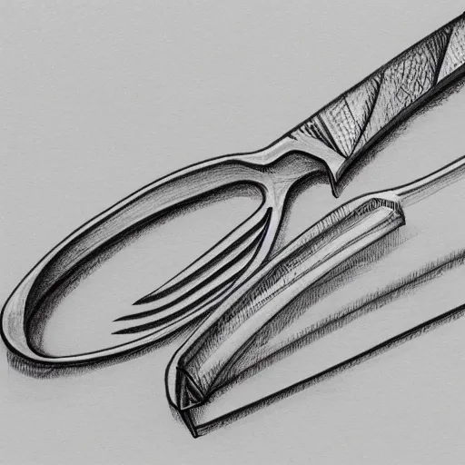 Image similar to detailed sketch, a prototype concept design of a knife and fork, commercial tv add, blade runner style,