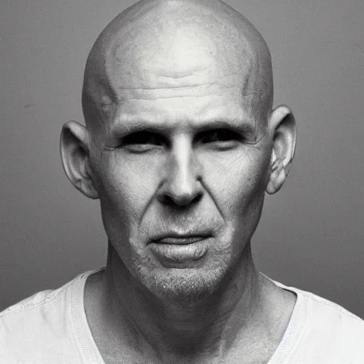 Prompt: A mugshot portrait of a middle aged older man who looks like Jerma985 with no hair and a goatee, wearing mid-1980s menswear in the late 2018, taken in the late 1980s, grainy, realistic, hyperrealistic, very realistic, highly detailed, very detailed, extremely detailed, detailed, trending on artstation, front facing, front view, headshot and bodyshot, detailed face, very detailed face