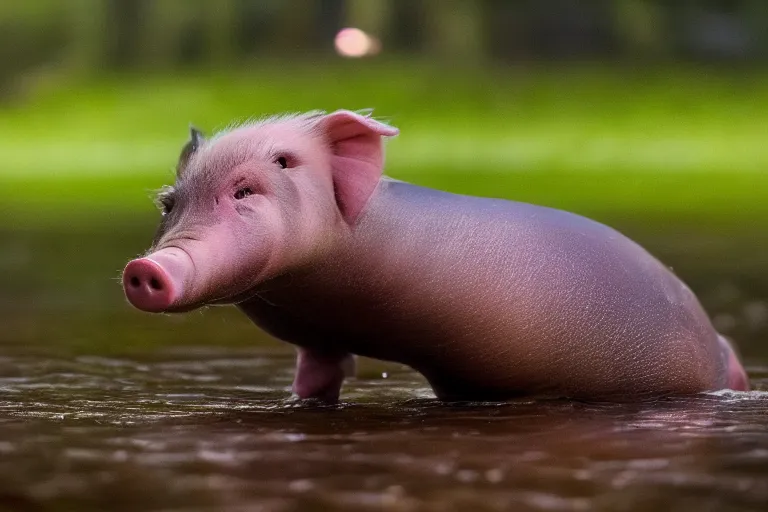 Image similar to a pig platypus!!! hybrid! hyper realistic!! realistic lighting!! wildlife photographer of the year!!! bold natural colors, national geographic, hd, wide angle, 8 k