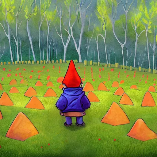 Image similar to landscape of Aspen Cemetery with a small orangish colored gnome who is cute and childlike with a hat and tabard leaning against a tombstones, fantasy, faerie, spirit, whimsical