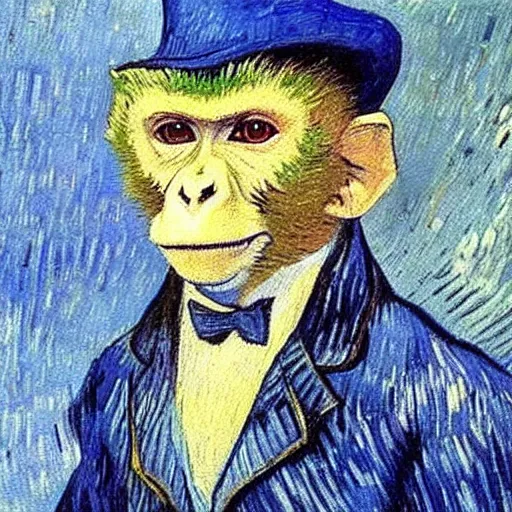 Image similar to a beautiful oil painting of a monkey in a blue suit and white hat , 8k , award winning , made in 1800's , old , painted by vincent van gogh