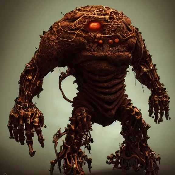 Image similar to highly detailed full body picture of a biomechanical golem, grotesque, bizarr, fleshy, character art, studio lightning, dark colors, intricate, masterpiece, photorealistic, hiperrealistic, sharp focus, high contrast, Artstation HQ, DeviantArt trending, 4k UHD, Unreal Engine 5