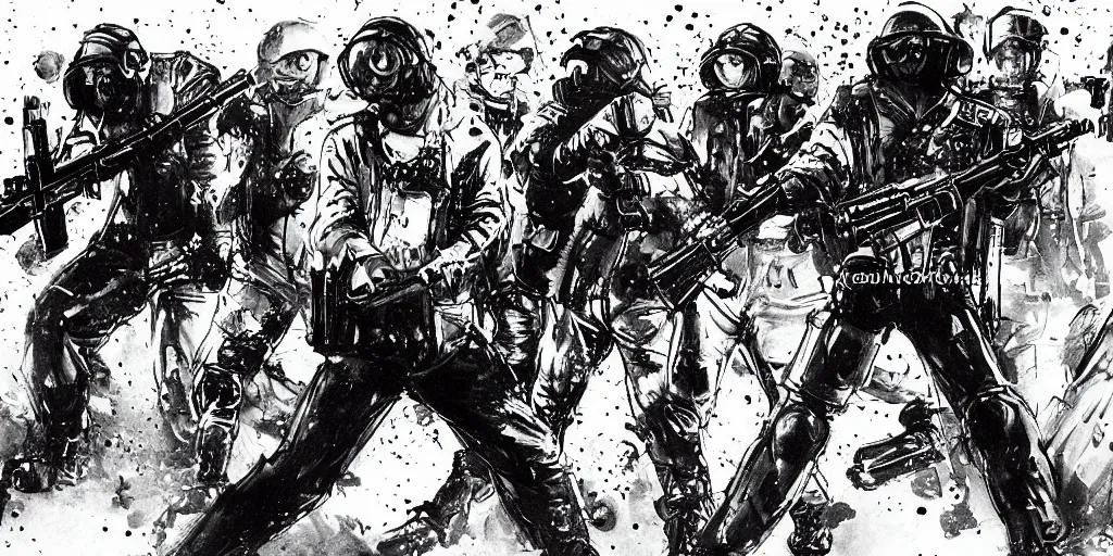 Prompt: 1992 Video Game Concept Art, Anime Neo-tokyo Cyborg bank robbers vs police, Set in Cyberpunk Bank Vault, bags of money, Multiplayer set-piece :9, Police officers hit by bullets, Police Calling for back up, Bullet Holes and Blood Splatter, :6 ,Hostages, Smoke Grenades, Riot Shields, Large Caliber Sniper Fire, Chaos, Cyberpunk, Money, Anime Bullet VFX, Machine Gun Fire, Violent Gun Action, Shootout, Escape From Tarkov, Payday 2, Highly Detailed, 8k :7 by Katsuhiro Otomo + Studio Gainax + Sanaril : 8