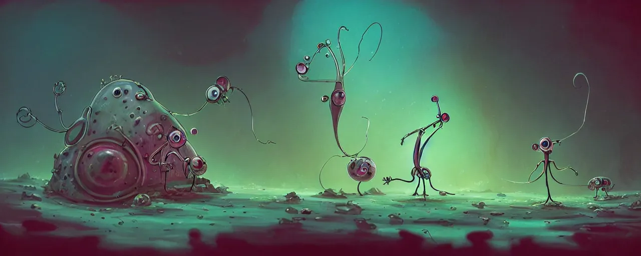 Image similar to wild whimsical plankton mutants from the depths of a wasteland deep in the imaginal realm, dramatic lighting, surreal fleischer cartoon characters, shallow dof, surreal painting by ronny khalil