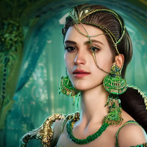 Image similar to photograph of wonderful princess with smooth fair skin, green jewelry, breathtaking, elegant, ornate, intricate, hyper detailed, accent lighting, dramatic light, 4 k octane render