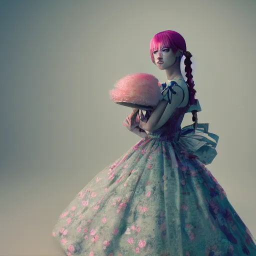 Image similar to 8 k, octane render, realism, tonalism, renaissance, rococo, baroque, cotton candy, portrait of a creepy young lady wearing long - harajuku manga - dress with flowers and skulls