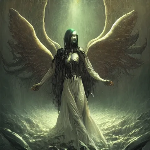 Image similar to evil, lovecraftian, mystic occult arcane, undead, eldritch fallen angel sorcereress alien. dark fantasy art by greg rutkowski, jim burns, gustave dore, amanda sage and junji ito. 8 k resolution concept art photorealism poster art