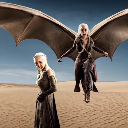 Image similar to daenerys from game of thrones flies on a dragon over snow desert