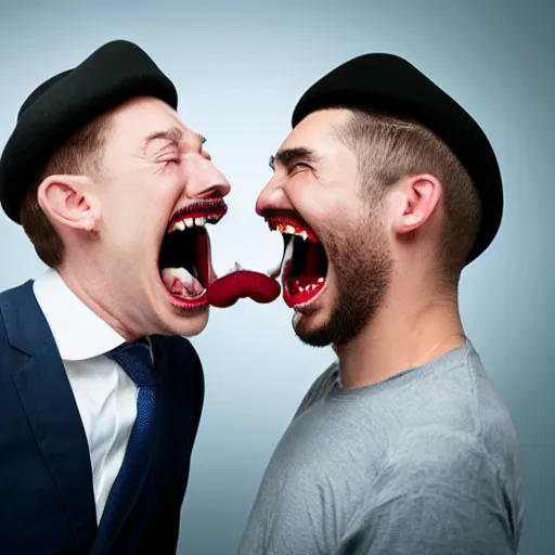 Prompt: hat with eyes mouth and teeth biting onto the top of a man's head, man is shouting in pain, funny professional photo