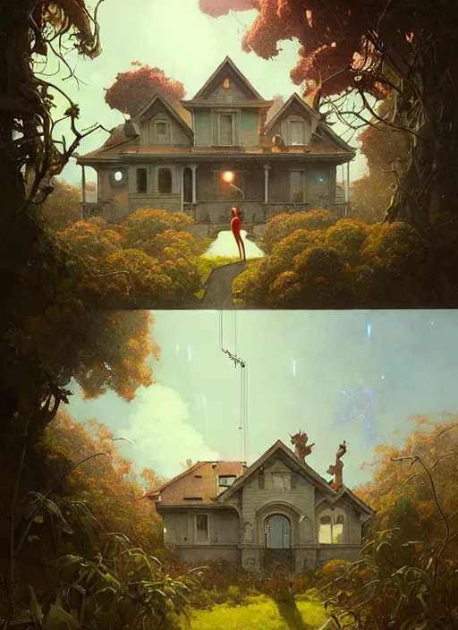 Image similar to a hyper realistic house on a hill distant explosions, gorgeous lighting, lush foliage, painting by chiara bautista and tom bagshaw, mucha, beksinski and norman rockwell and greg rutkowski weta studio, and lucasfilm