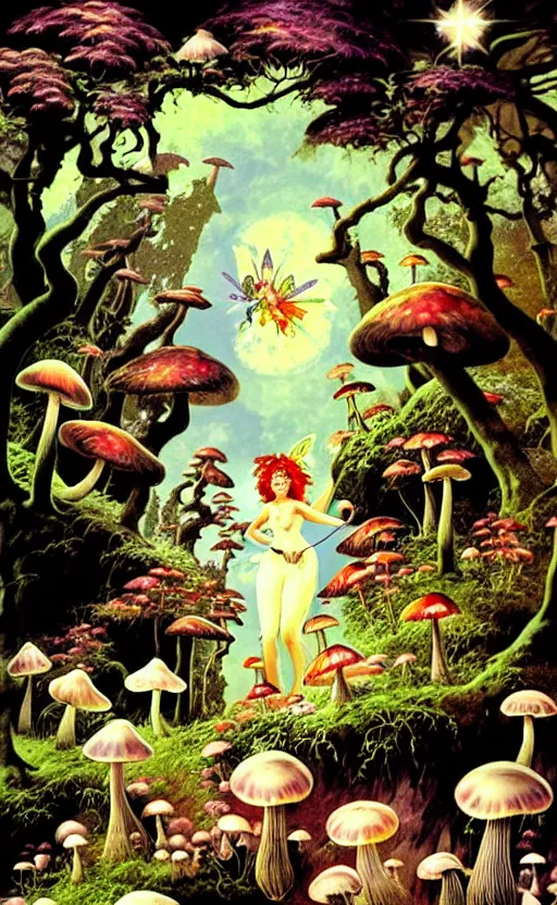 Image similar to fairies with detailed faces, enchanted forest, mushrooms on the ground, stars in the sky, psychedelic, wide angle shot, white background, vector art, illustration by frank frazetta