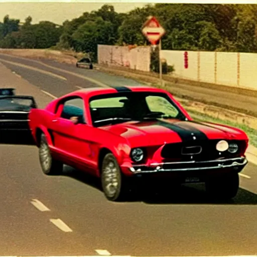 Prompt: coloured photograph of a muscled young white bald guy with broad shoulders, black shirt and a large chest driving a racing red mustang down a british road, high detail, very clear faces