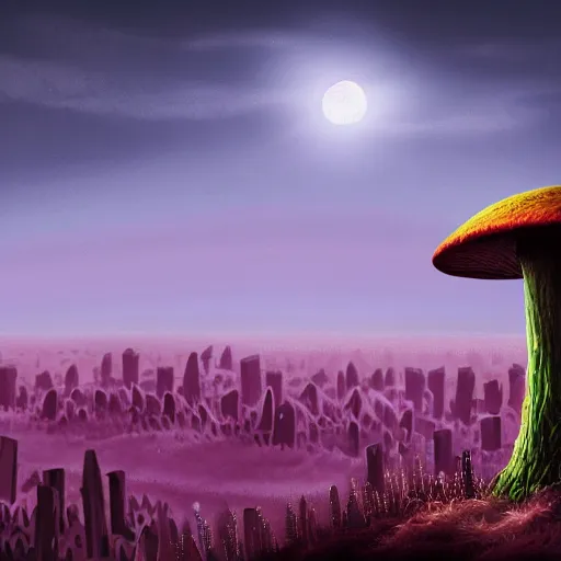 Image similar to a nightmarish creature looming over a city on the horizon, a mushroom forest