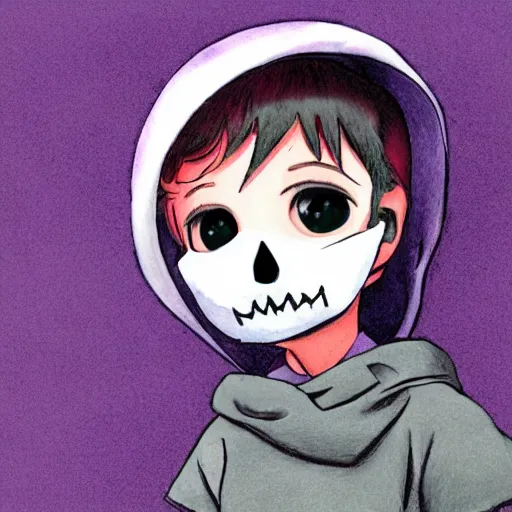 Image similar to cute little boy wearing an skull mask and dressed in an nun outfit, purple color palette, artwork made in western cartoon art syle, inspired in made in abyss and hirohiko araki, ray tracing, featured in pixiv