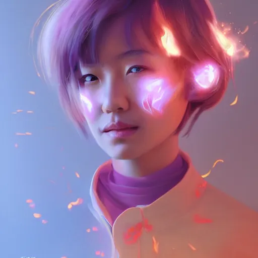 Image similar to Portrait of a Japanese schoolgirl with short hair and lilac eyes causing flames in a moment of rage, hyperdetailed, artstation trending, world renowned artists, cgsociety, by Boris Valejjo, Deviantart