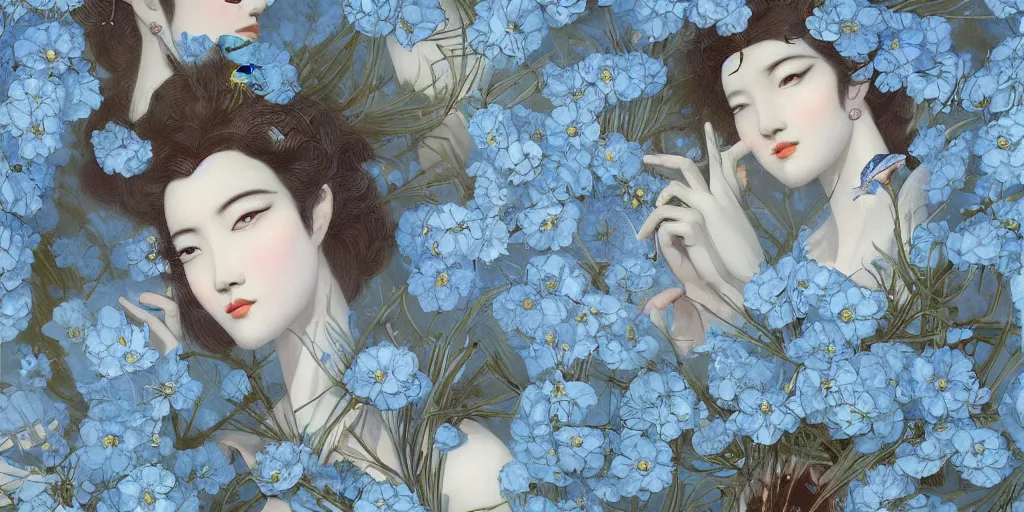 Image similar to breathtaking detailed concept art painting art deco pattern of faces goddesses amalmation light - blue flowers with anxious piercing eyes and blend of flowers and birds, by hsiao - ron cheng and john james audubon, bizarre compositions, exquisite detail, extremely moody lighting, 8 k