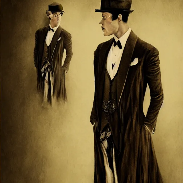 Image similar to photorealistic sepia painted portrait of a 1 9 2 0 s era male occultist, well dressed, long - tailed tuxedo coat, atmospheric lighting, dark, brooding, in the style of hazel morgan, horror, painted, intricate, ultra detailed, well composed, best on artstation, cgsociety, epic, stunning, gorgeous, intricate detail, much wow, masterpiece