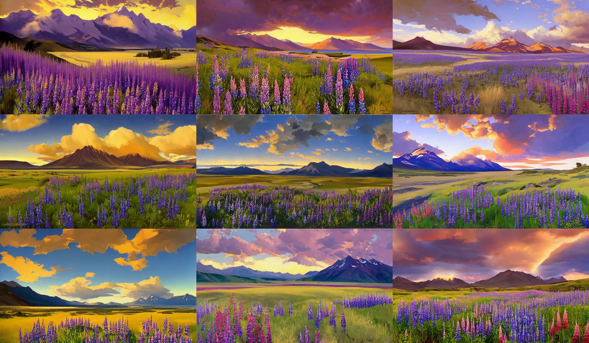 Prompt: painting by sargent and rhads and leyendecker and greg hildebrandt epic evening sky at sunset, low thunder clouds foothpath at indian summer lupins at lake tekapo tundra and taiga in background