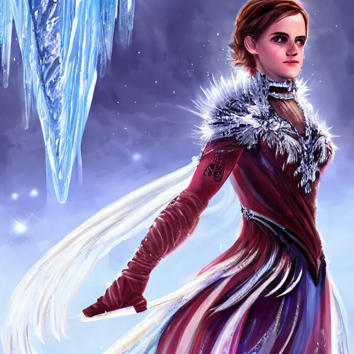 Image similar to emma watson as the Queen of Ice, Ice crystal armor, concept art, 4k, digital art, trending on art station, hd, doll, color, high contrast, expansive backdrop