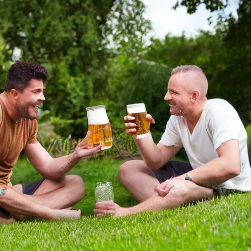 Prompt: 2 mates drinking beer in garden