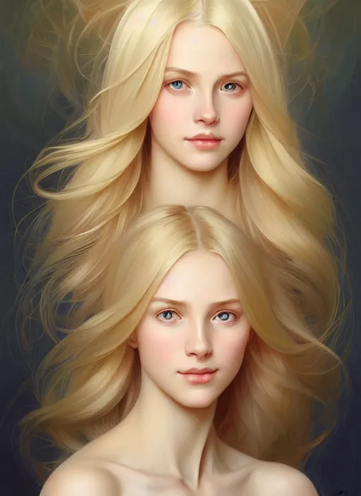Prompt: beautiful feminine face! portrait of young woman blessed by god with ever - increasing physical and mental perfection, blonde hair, symmetrical!! intricate, elegant, highly detailed, vision of holy perfection!! smile, digital painting, artstation, concept art, smooth, sharp focus, illustration, art by artgerm and greg rutkowski and alphonse mucha