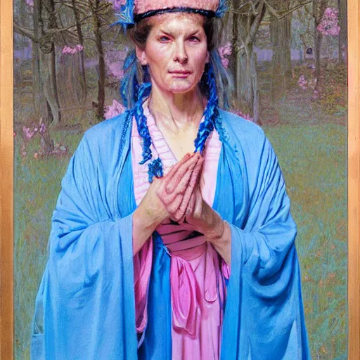 Prompt: a frontal portrait of a priestess, dressed in pink and blue, so happy that her face hurts, by donato giancola and norman rockwell.