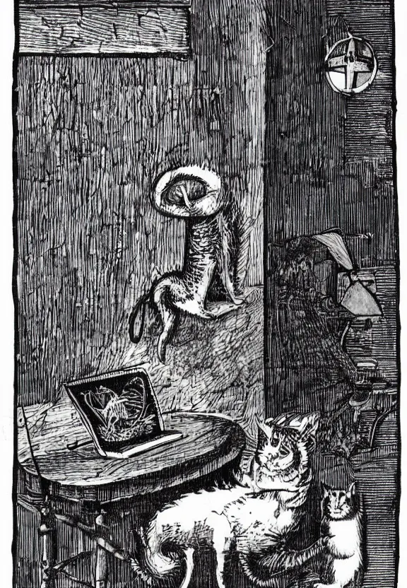 Image similar to [Dark medieval illustration of a cat watching youtube on a computer]