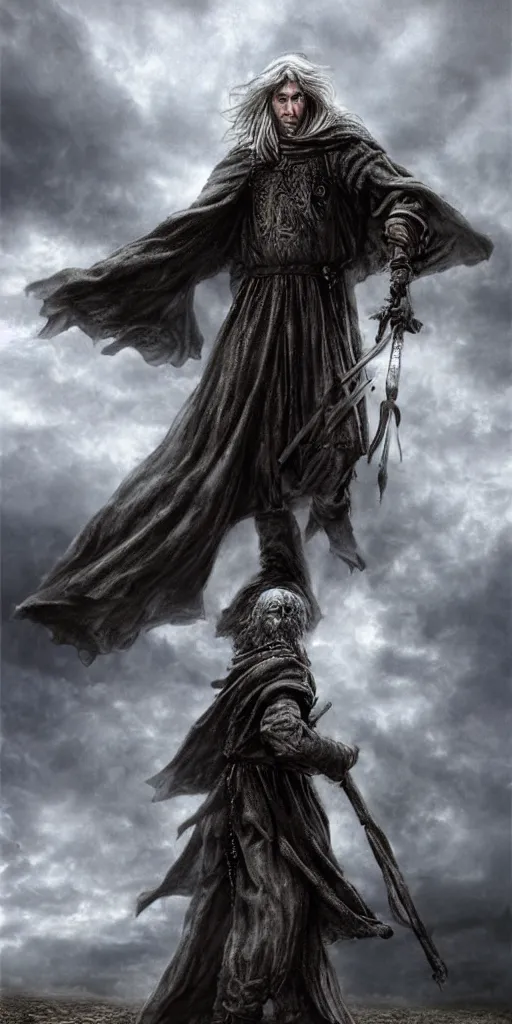 Prompt: a medieval peasant wizard walking alone in the night during a stormcloud with dramatic airbrushed clouds over black background by Luis royo and Yoshitaka Amano airbrush fantasy 80s, realistic masterpiece