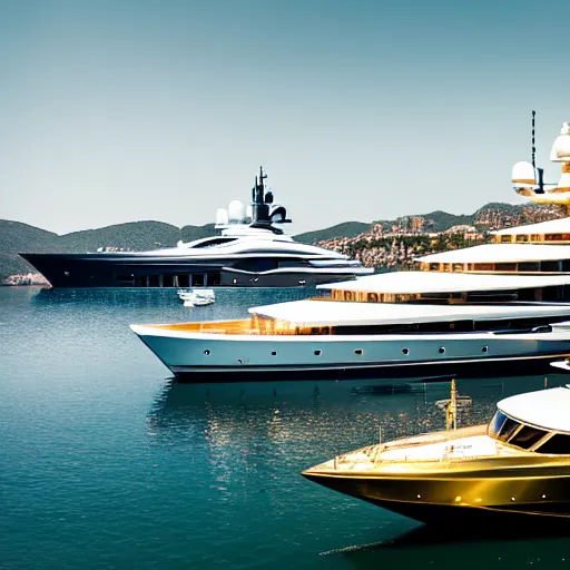Prompt: old man polishing a gold plated mega yacht, docked at harbor, clear and focused, elegant, photograph