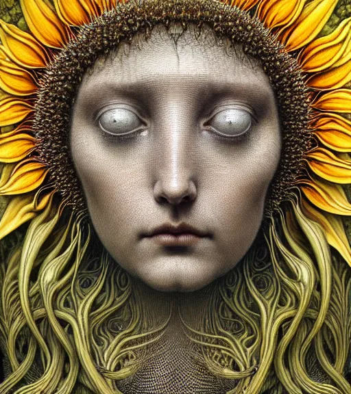 Image similar to detailed realistic beautiful sunflower goddess face portrait by jean delville, gustave dore, iris van herpen and marco mazzoni, art forms of nature by ernst haeckel, art nouveau, symbolist, visionary, gothic, neo - gothic, pre - raphaelite, fractal lace, intricate alien botanicals, ai biodiversity, surreality, hyperdetailed ultrasharp octane render