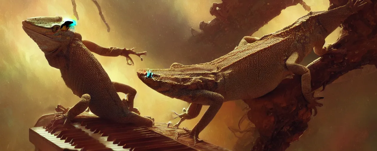 Prompt: a bibrons gecko playing a piano intricate, cinematic lighting, highly detailed, digital painting, artstation, concept art, smooth, sharp focus, illustration, art by Artgerm and Greg Rutkowski and Alphonse Mucha