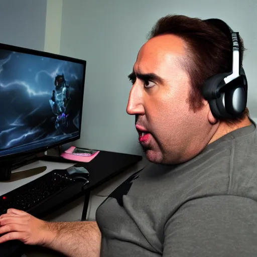 Image similar to obese nicolas cage wearing a headset yelling at his monitor while playing WoW highly detailed wide angle lens 10:9 aspect ration award winning photography