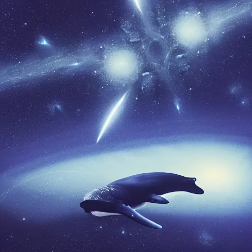 Image similar to portrait of whale swimming on a dark night sky in space, flying across the universe, galaxies, oniric, dreamy, beautiful, highly detailed, realistic, cinematic, dynamic composition, trending on artstation