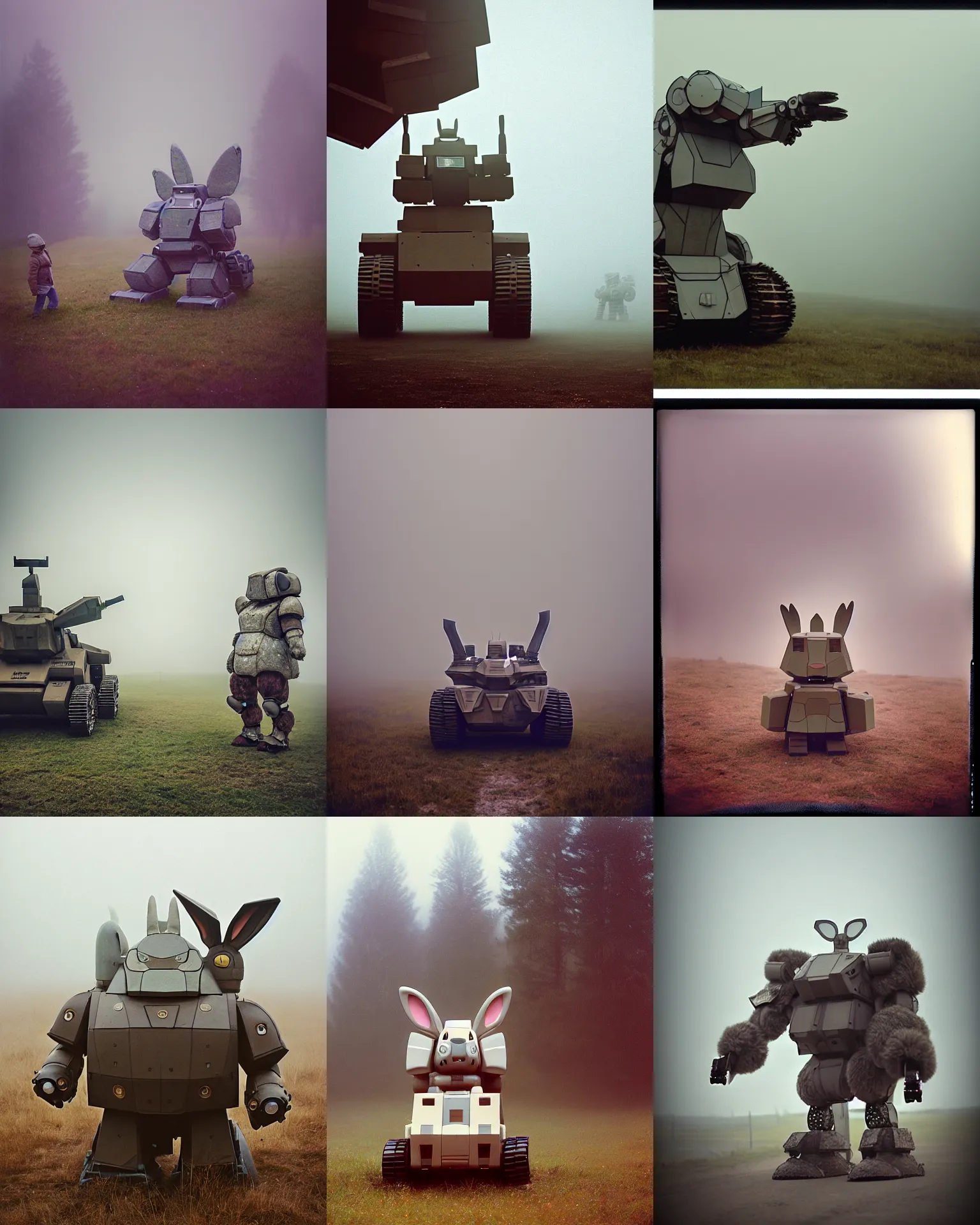 Prompt: giant oversized chubby battle armored rabbit robot mech, with big rabbit ears ,on a foggy rura vilage , Cinematic focus, Polaroid photo, vintage, neutral colors, soft lights, foggy, panorama by Steve Hanks, by Serov Valentin, by lisa yuskavage, by Andrei Tarkovsky