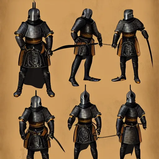 Prompt: character sheet of a medieval knight wearing black armor with golden engravings, concept art, multiple angles, highly detailed, upscaled, 4k resolution, outstanding