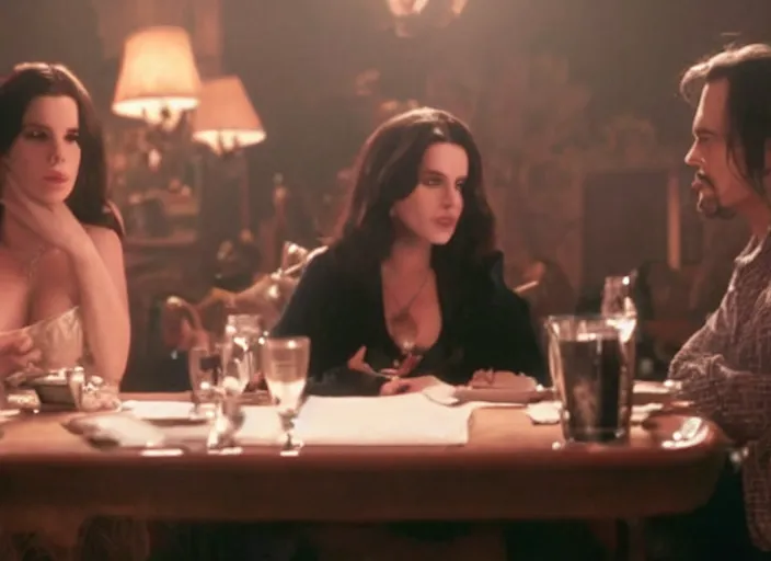 Prompt: movie still of a lana del rey with a big bust sitting at a table with johnny depp, smooth scene transition, directed by Quintin Tarantino