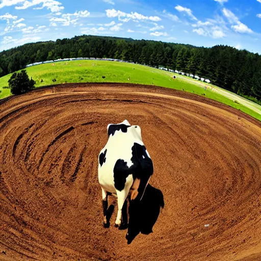 Image similar to a cow standing on a motocross track, fisheye lens