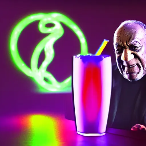 Prompt: Bill Cosby offering large glowing drink in nightclub background, colorful 16k hyper realistic illustration