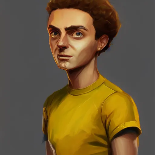 Image similar to morty as a human wearing yellow shirt, highly detailed portrait, digital painting, artstation, concept art, smooth, sharp foccus ilustration, artstation hq